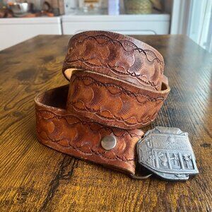 Vintage 1976 Western Tooled Leather Belt & San Francisco Trolley Buckle Unisex